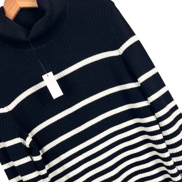 NWT TALBOTS Women's L Black White Striped Ribbed Turtleneck‎ Pullover Sweater - Picture 1 of 11